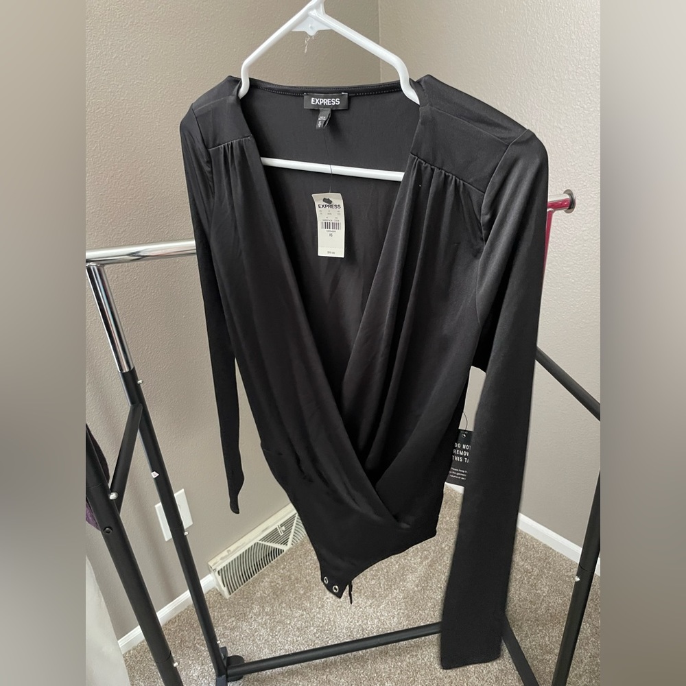 Express Black Longsleeve Deep V Bodysuit